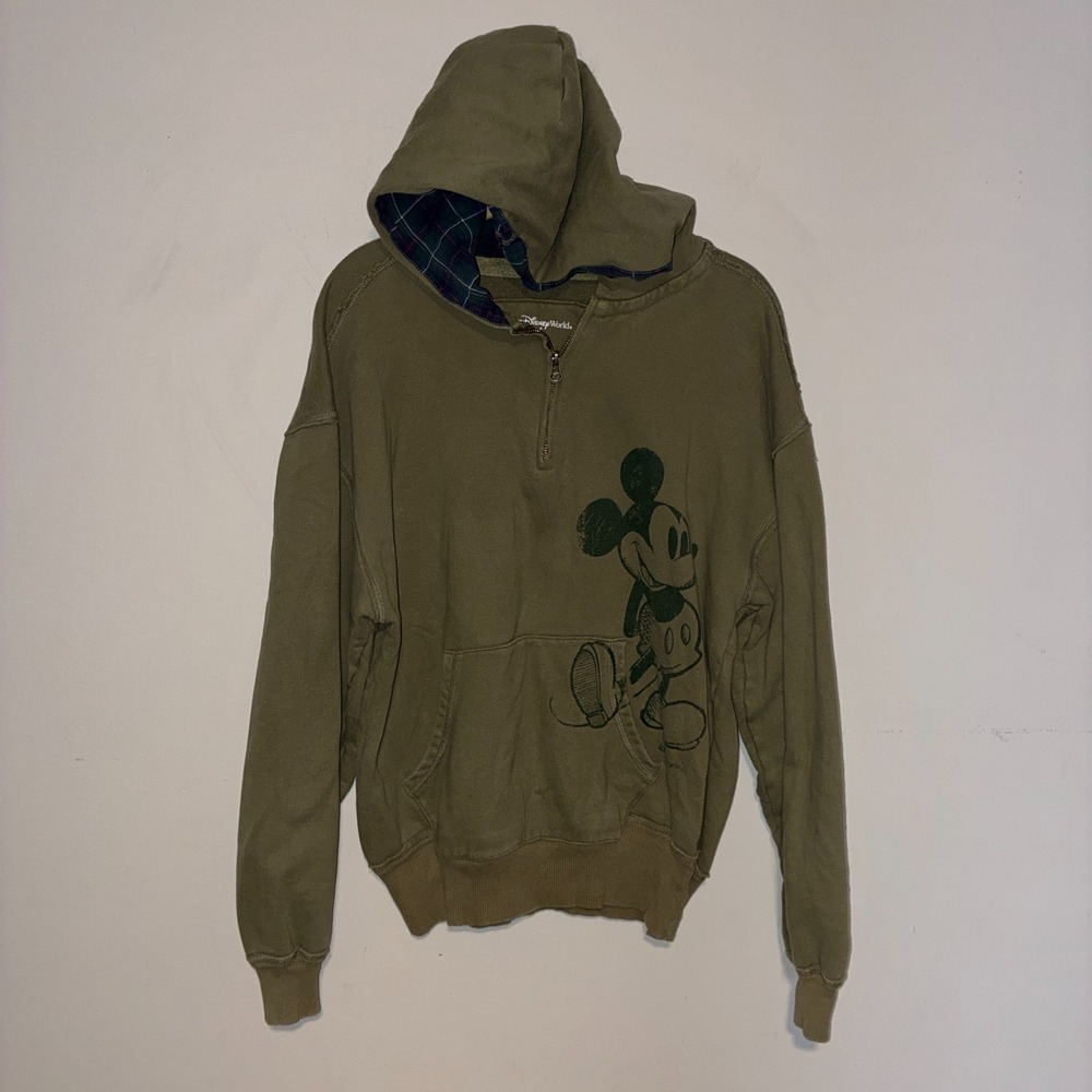 Vintage Walt Disney World Mickey Mouse 1/4 Zip Hoodie Plaid Lined Sz S Green
